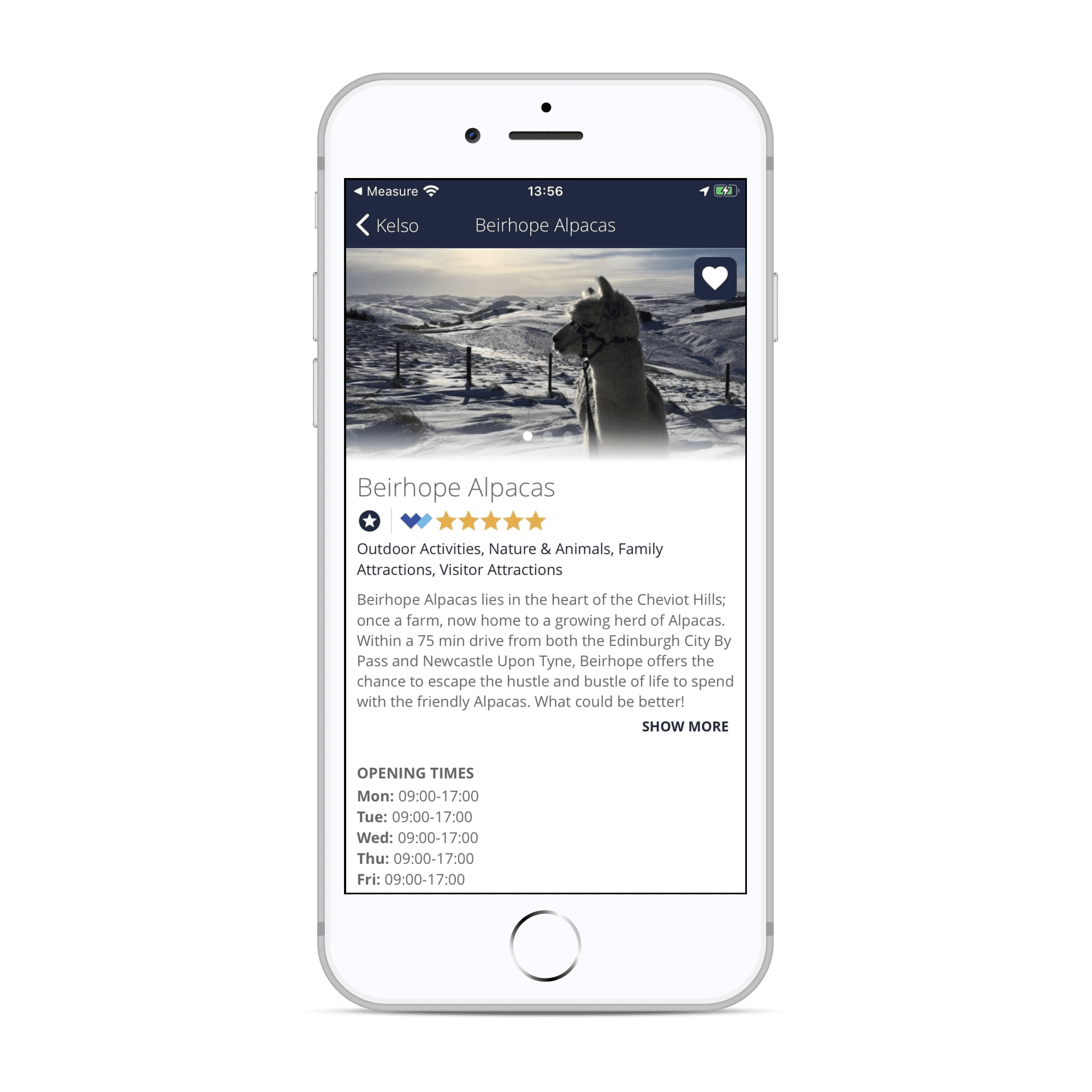 Phone showing detail screen for Beirhope Alpacas, a five star rated attraction